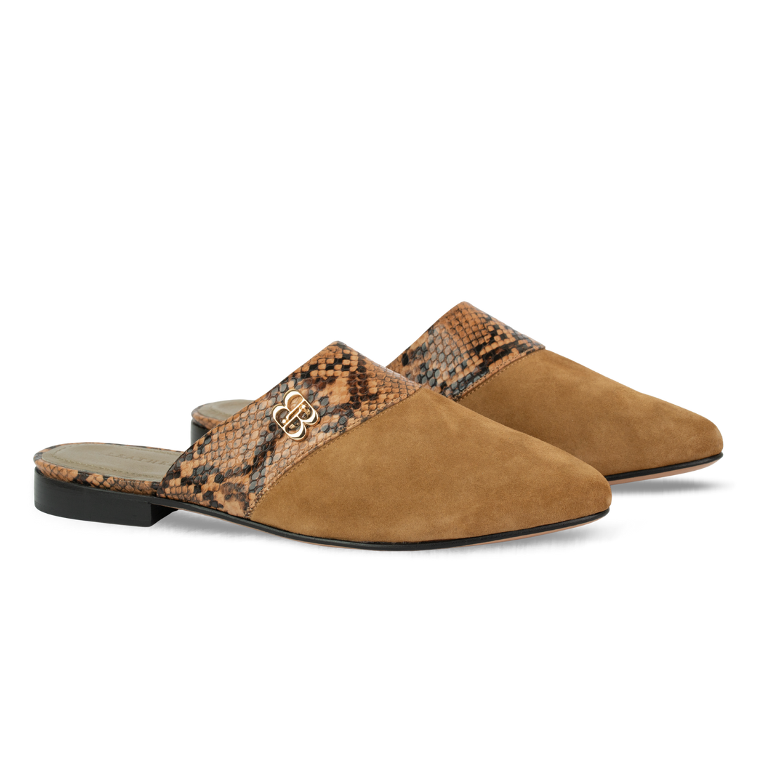 Yara : Mules Femme -  Daim Camel & Cuir Python