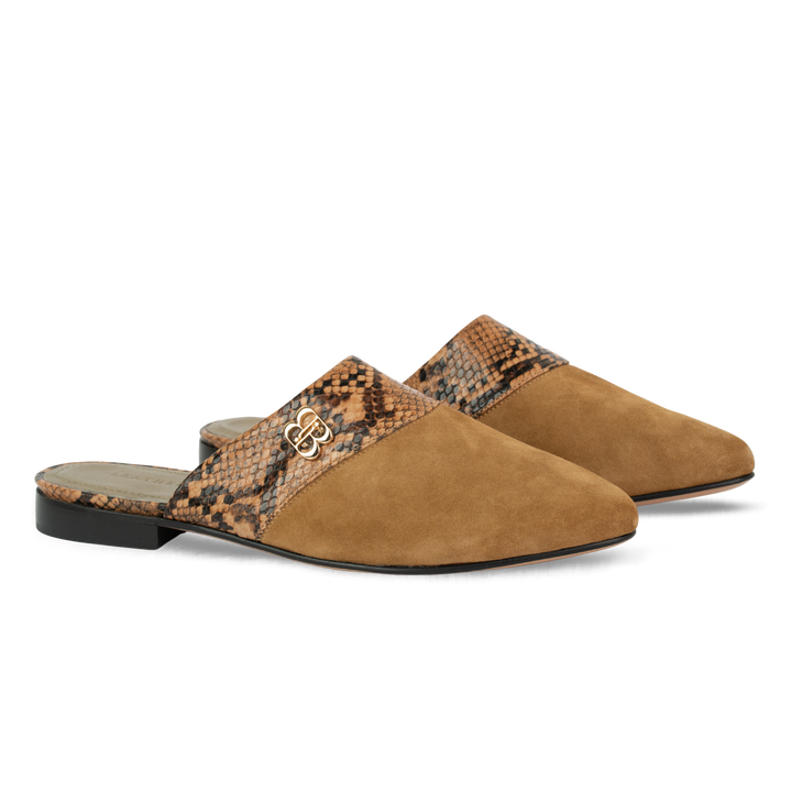 Yara : Mules Femme -  Daim Camel & Cuir Python