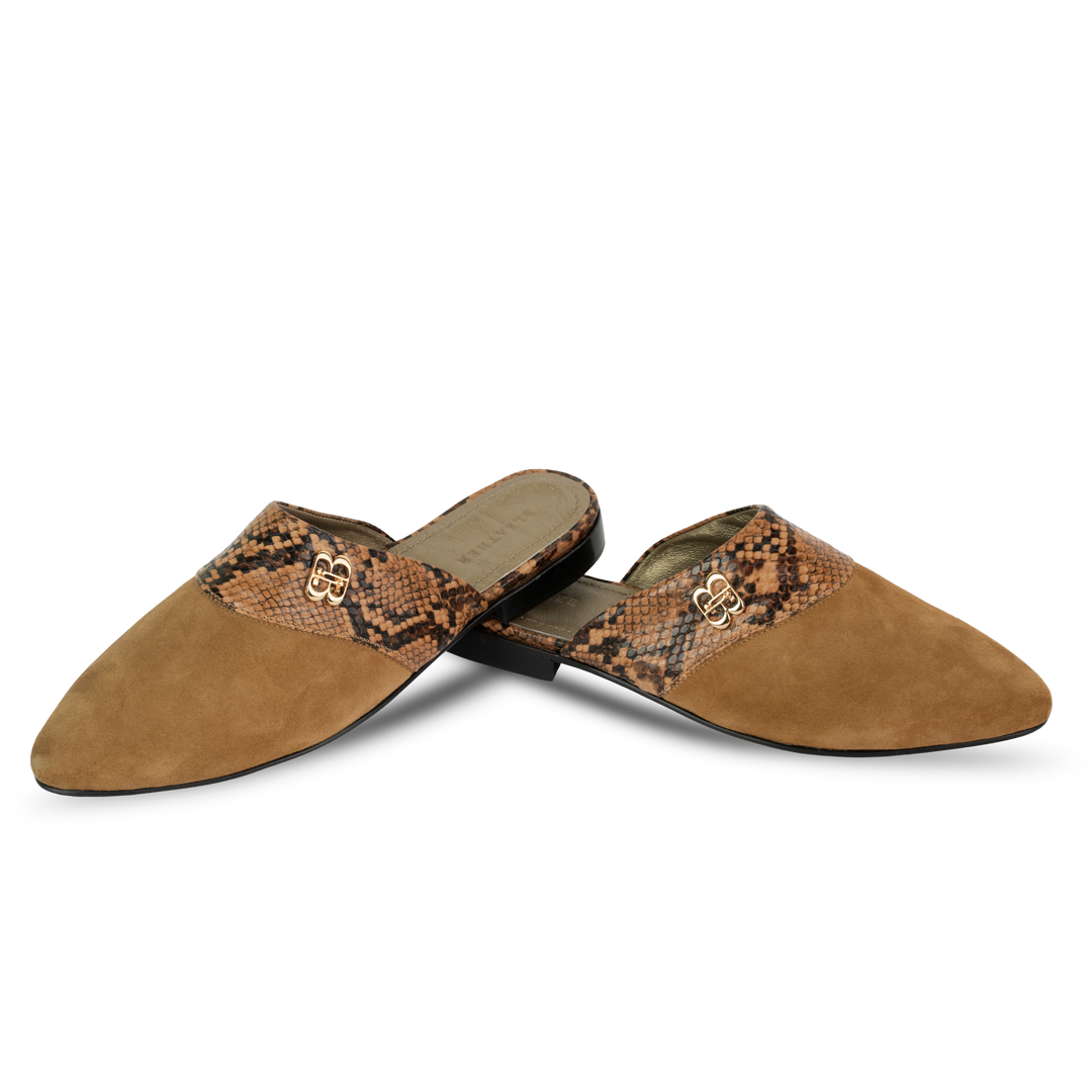 Yara : Mules Femme -  Daim Camel & Cuir Python