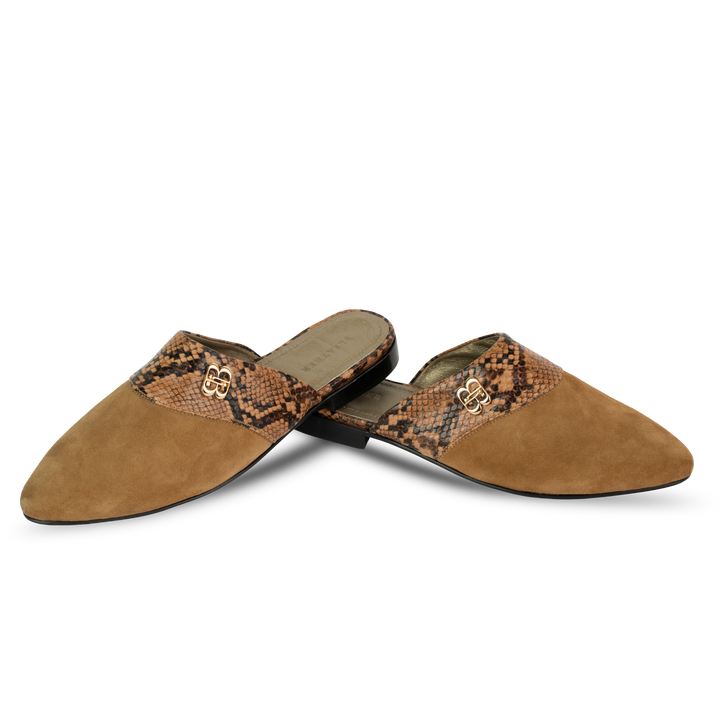 Yara : Mules Femme -  Daim Camel & Cuir Python