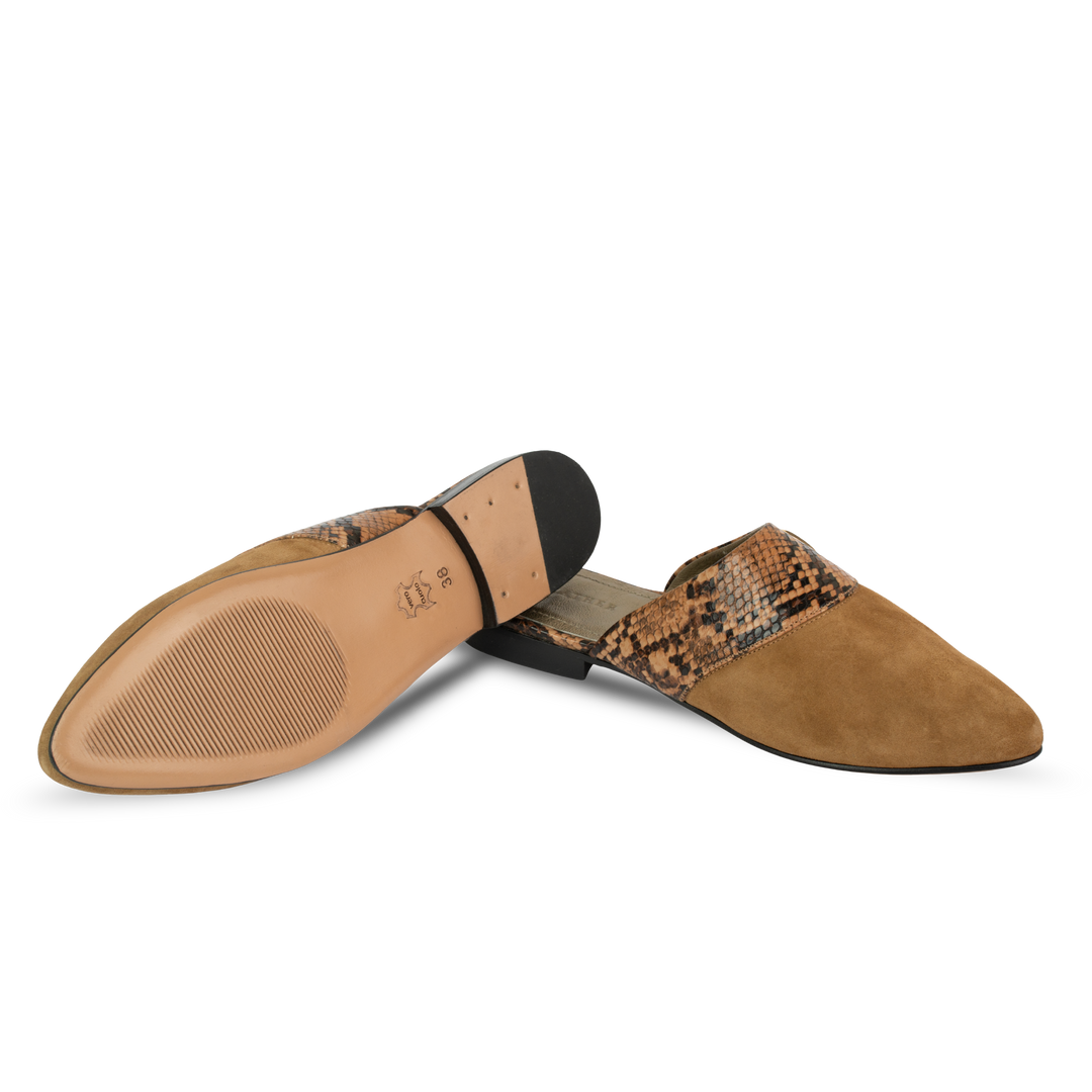 Yara : Mules Femme -  Daim Camel & Cuir Python