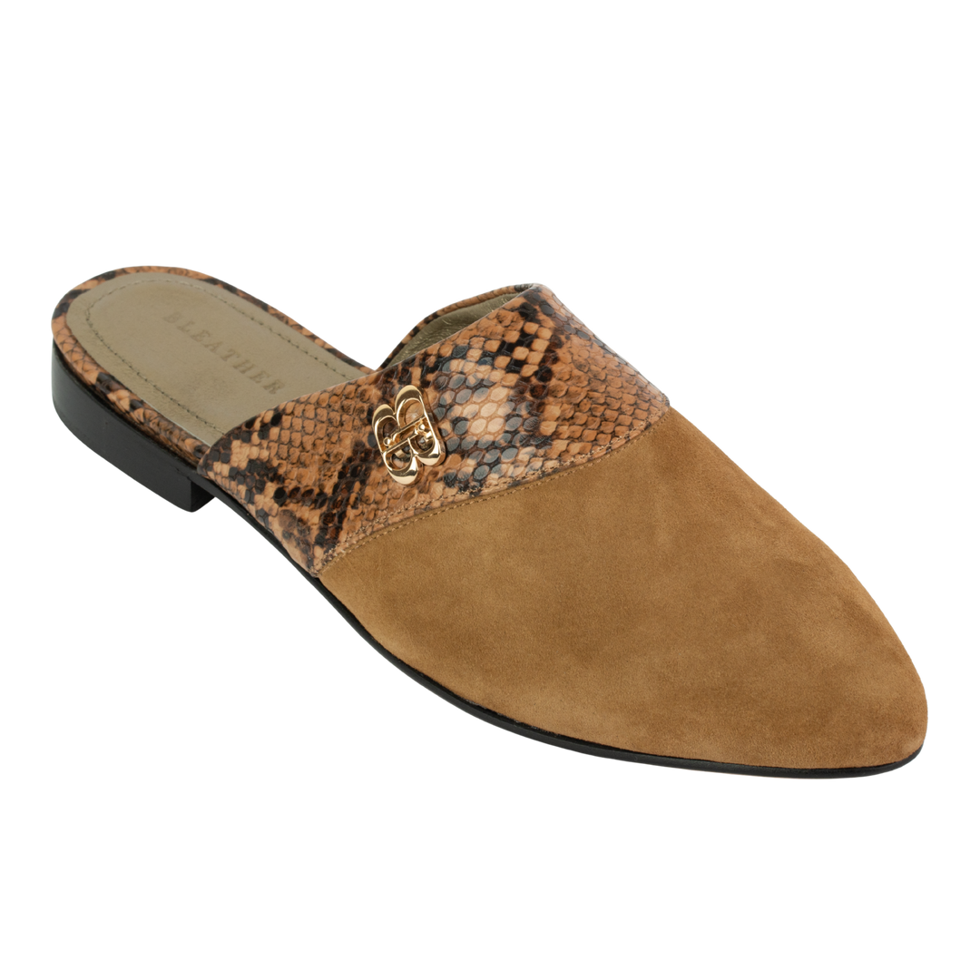 Yara : Mules Femme -  Daim Camel & Cuir Python
