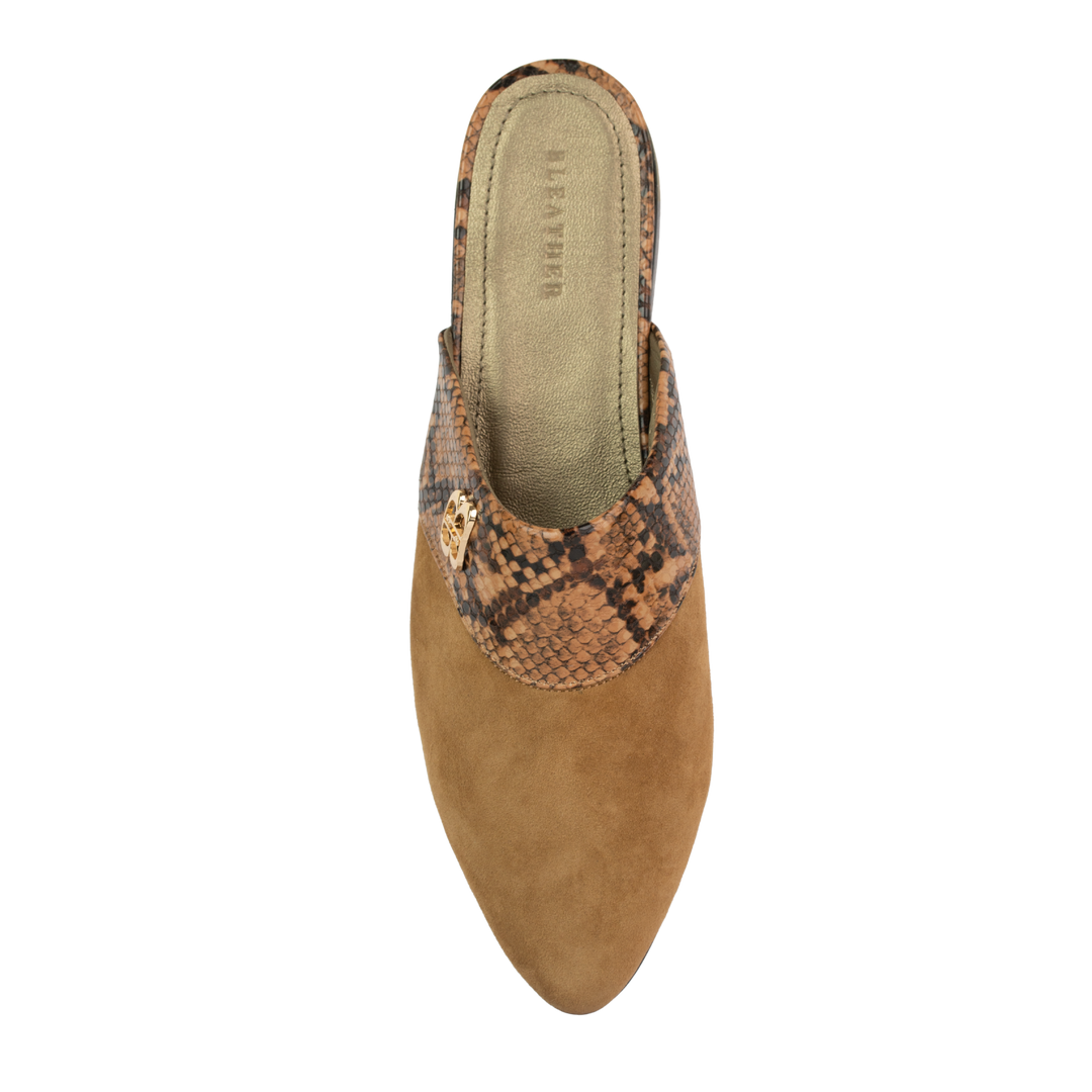 Yara : Mules Femme -  Daim Camel & Cuir Python