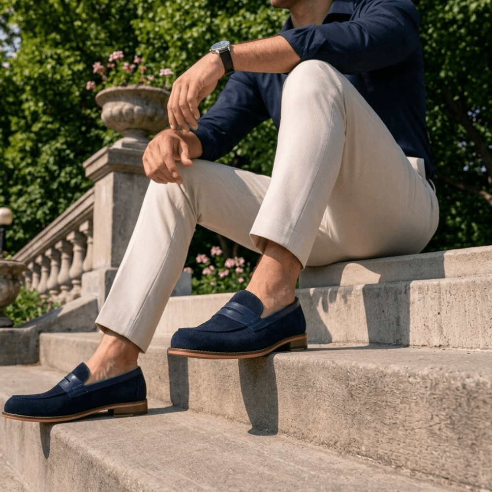 Beverley: Mocassin Homme - Daim Bleu - Bleather Maroc