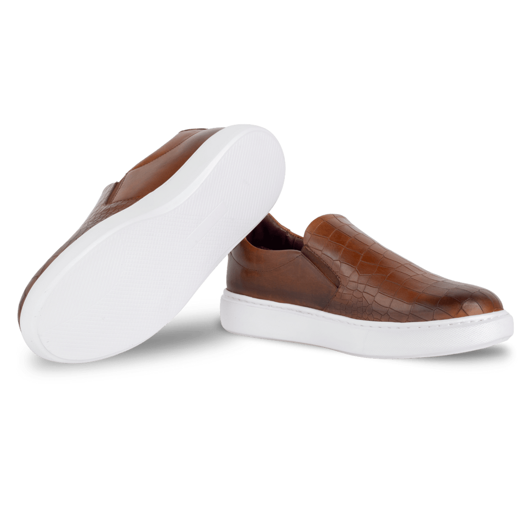 Bigford : Sneakers Homme - Cuir Croco Tabac - Bleather Maroc
