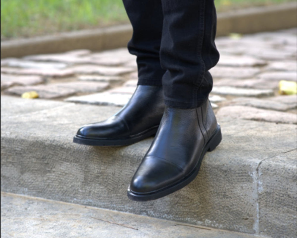 Castel: Demi Bottes Homme - Cuir Noir - Bleather Maroc