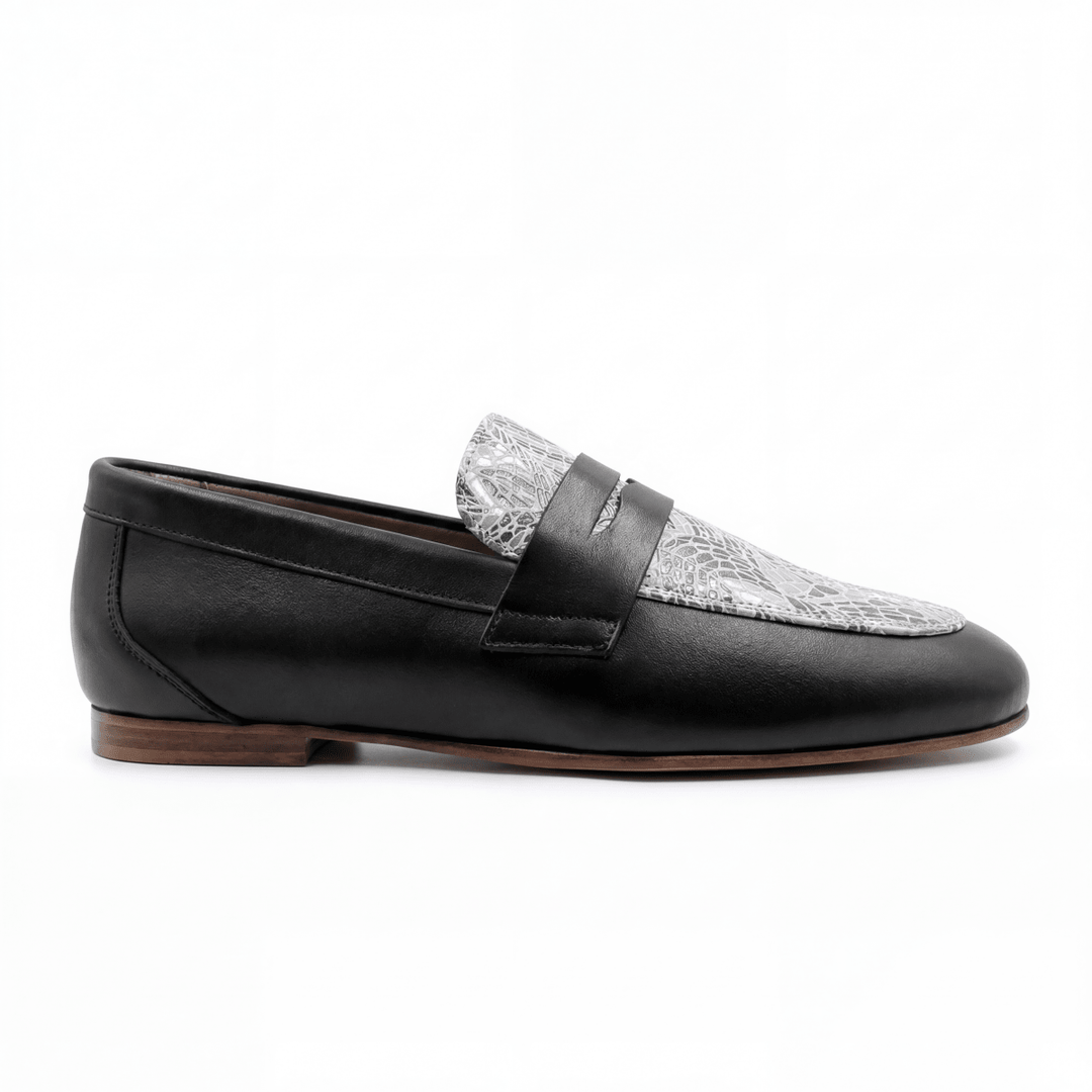 Elora : mocassin Femme - Cuir noir & blanc - Bleather Maroc