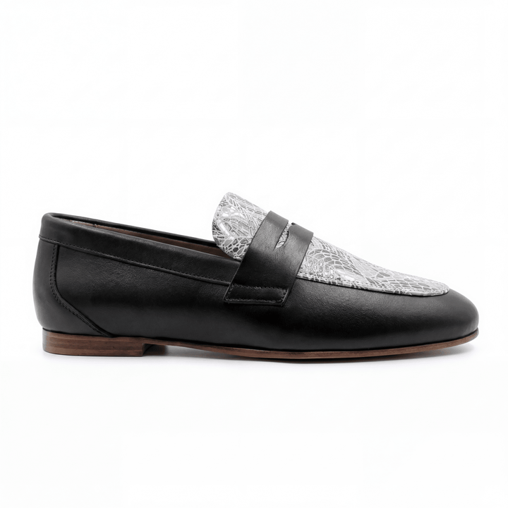 Elora : mocassin Femme - Cuir noir & blanc - Bleather Maroc