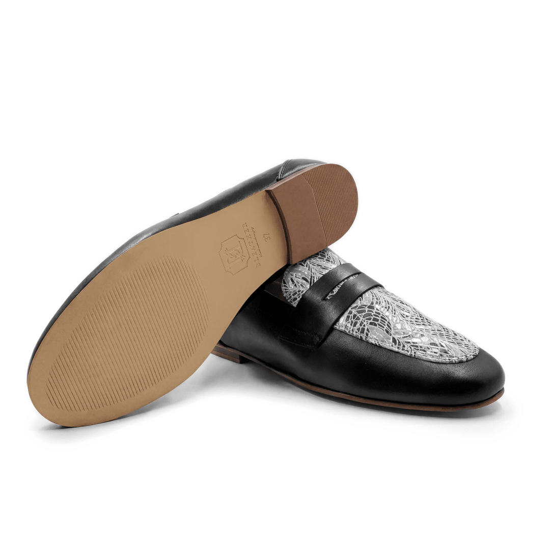 Elora : mocassin Femme - Cuir noir & blanc - Bleather Maroc