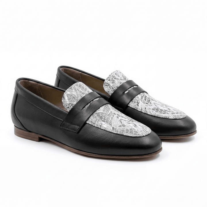 Elora : mocassin Femme - Cuir noir & blanc - Bleather Maroc