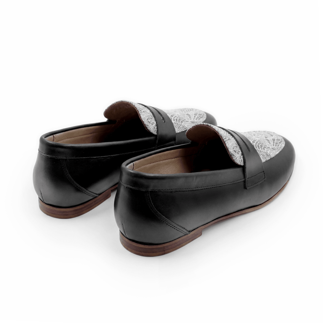 Elora : mocassin Femme - Cuir noir & blanc - Bleather Maroc