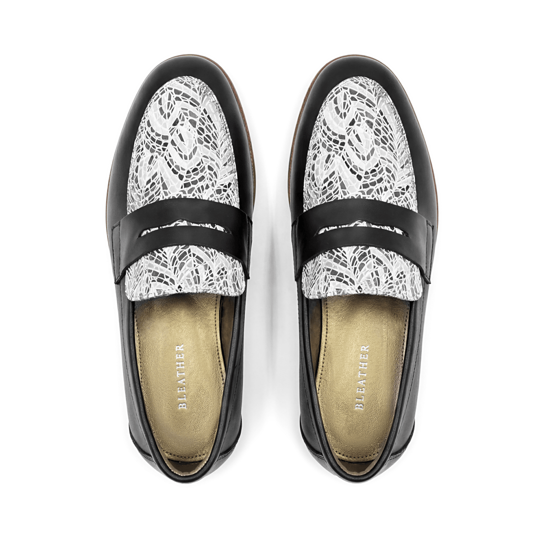 Elora : mocassin Femme - Cuir noir & blanc - Bleather Maroc