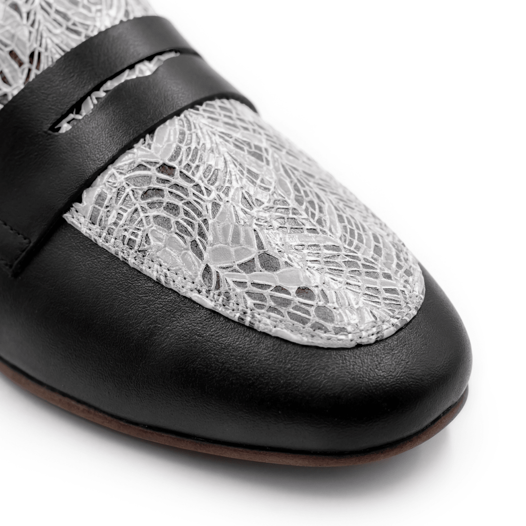 Elora : mocassin Femme - Cuir noir & blanc - Bleather Maroc