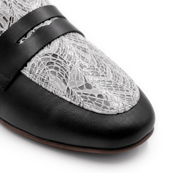 Elora : mocassin Femme - Cuir noir & blanc - Bleather Maroc
