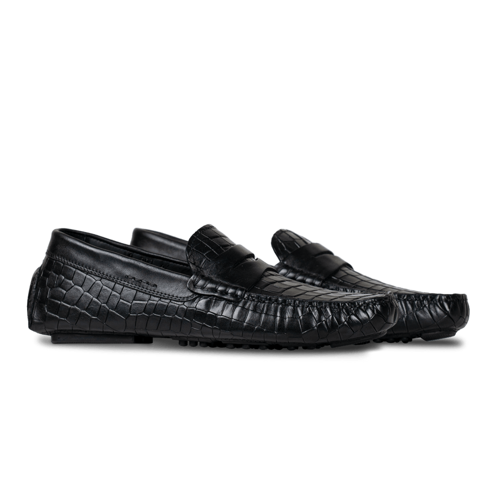 Gary: Mocassin Homme - Cuir Noir Croco - Bleather Maroc