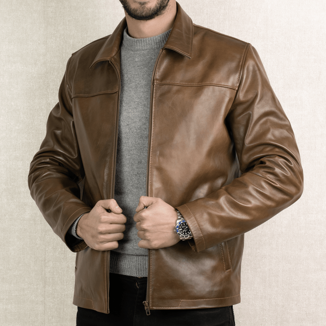 Heritage: Jacket Hommes - Cuir Marron patiné - Bleather Maroc