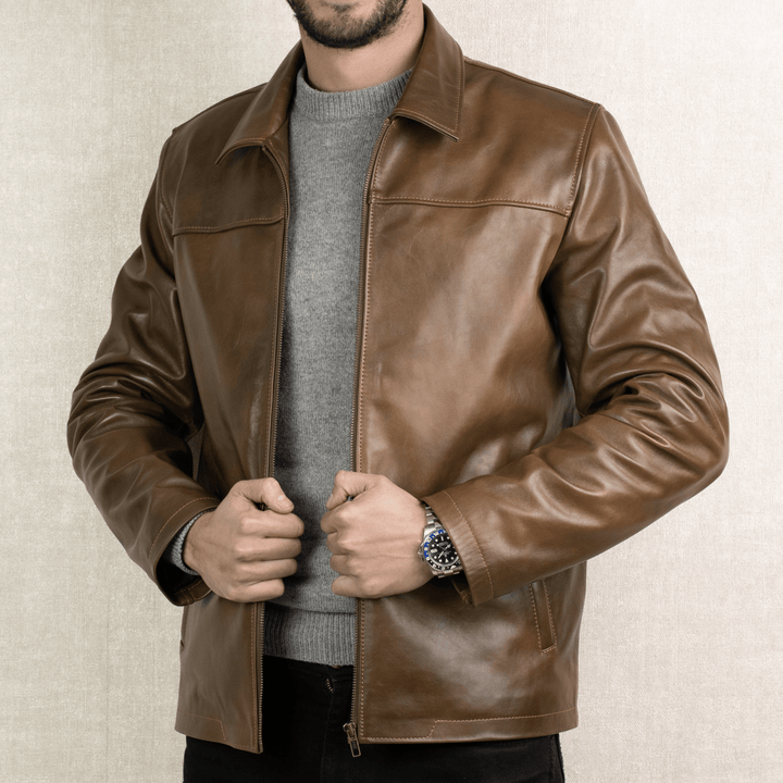 Heritage: Jacket Hommes - Cuir Marron patiné - Bleather Maroc