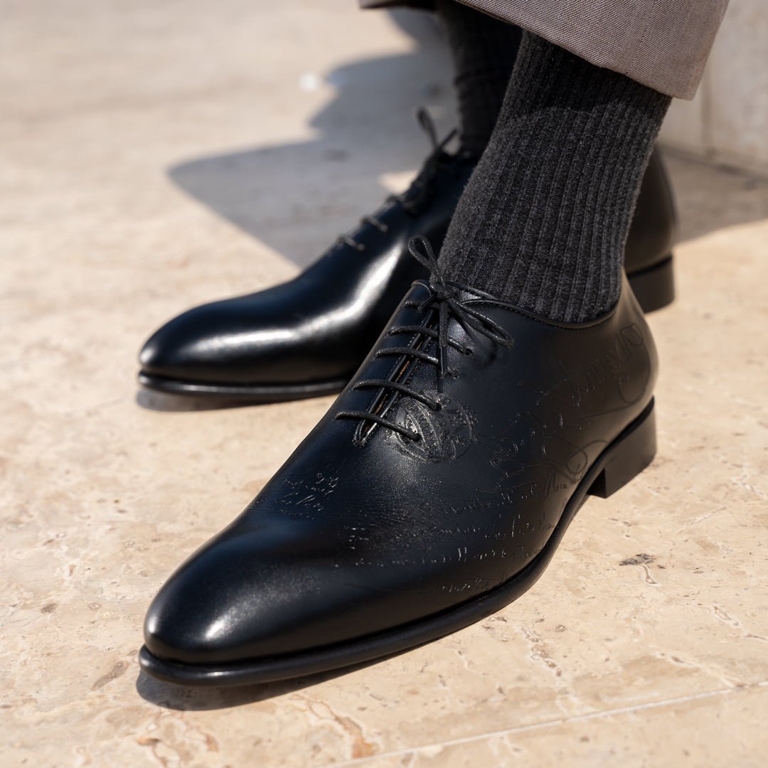 Landon: Richelieu Homme - Cuir Noir gravé - Bleather Maroc