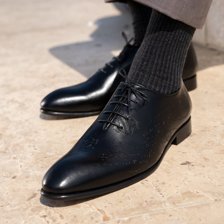 Landon: Richelieu Homme - Cuir Noir gravé - Bleather Maroc