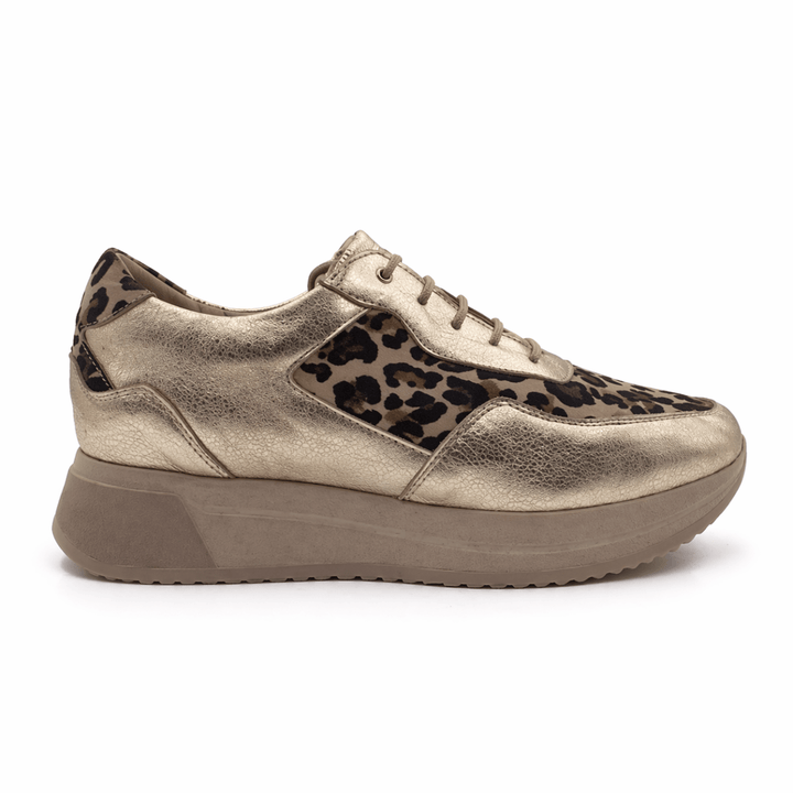 Lucy : Sneakers Femme - Cuir doré & Imprimé léopard - Bleather Maroc