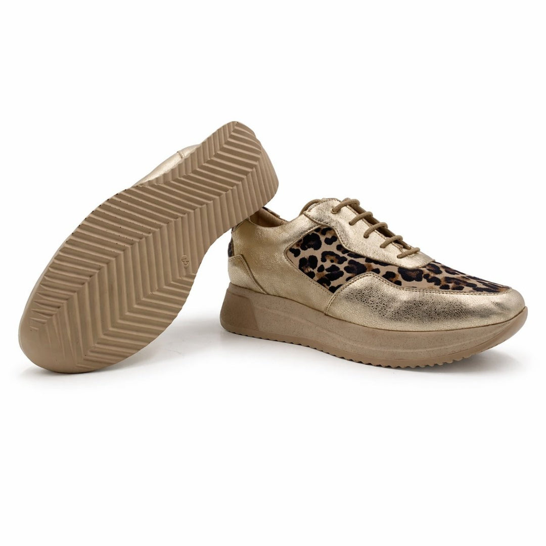 Lucy : Sneakers Femme - Cuir doré & Imprimé léopard - Bleather Maroc