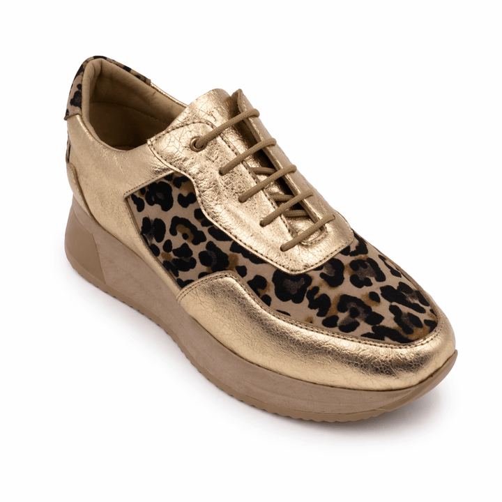 Lucy : Sneakers Femme - Cuir doré & Imprimé léopard - Bleather Maroc