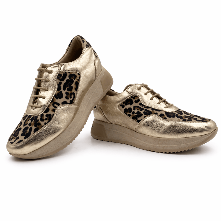 Lucy : Sneakers Femme - Cuir doré & Imprimé léopard - Bleather Maroc
