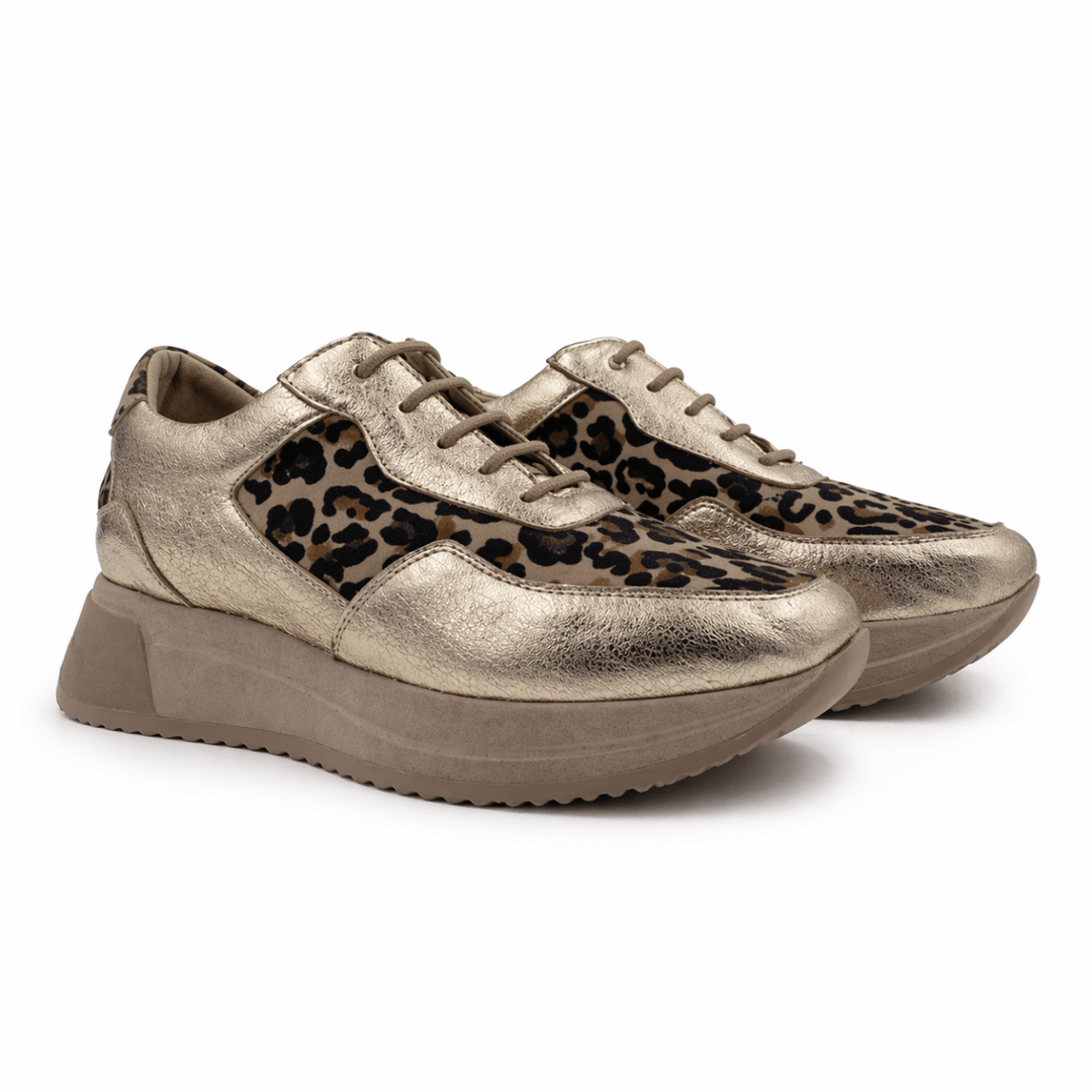 Lucy : Sneakers Femme - Cuir doré & Imprimé léopard - Bleather Maroc