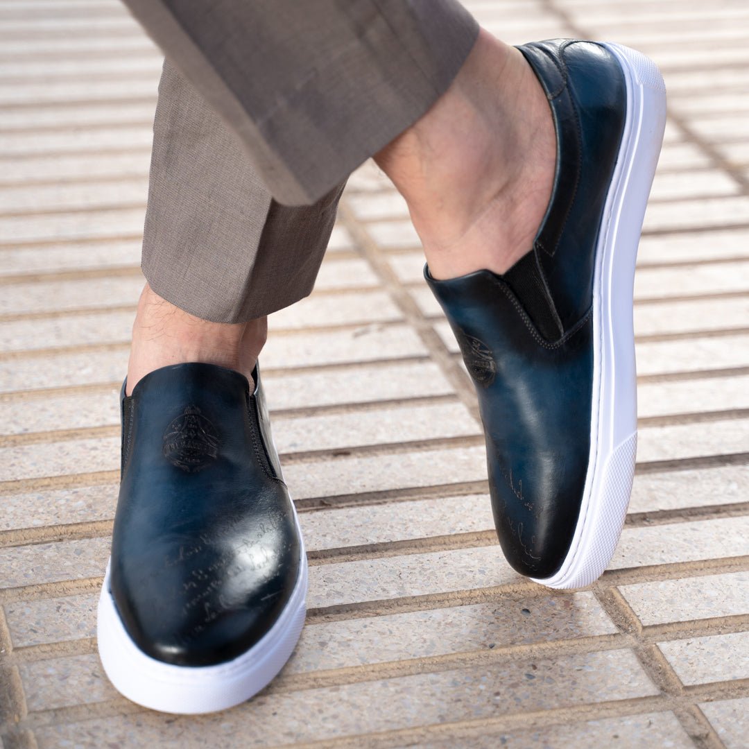 Lurgan: Sneakers Homme - Cuir Bleu Gravé - Bleather Maroc