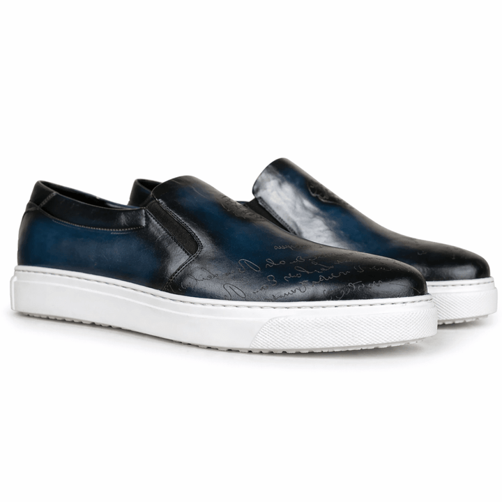 Lurgan: Sneakers Homme - Cuir Bleu Gravé - Bleather Maroc