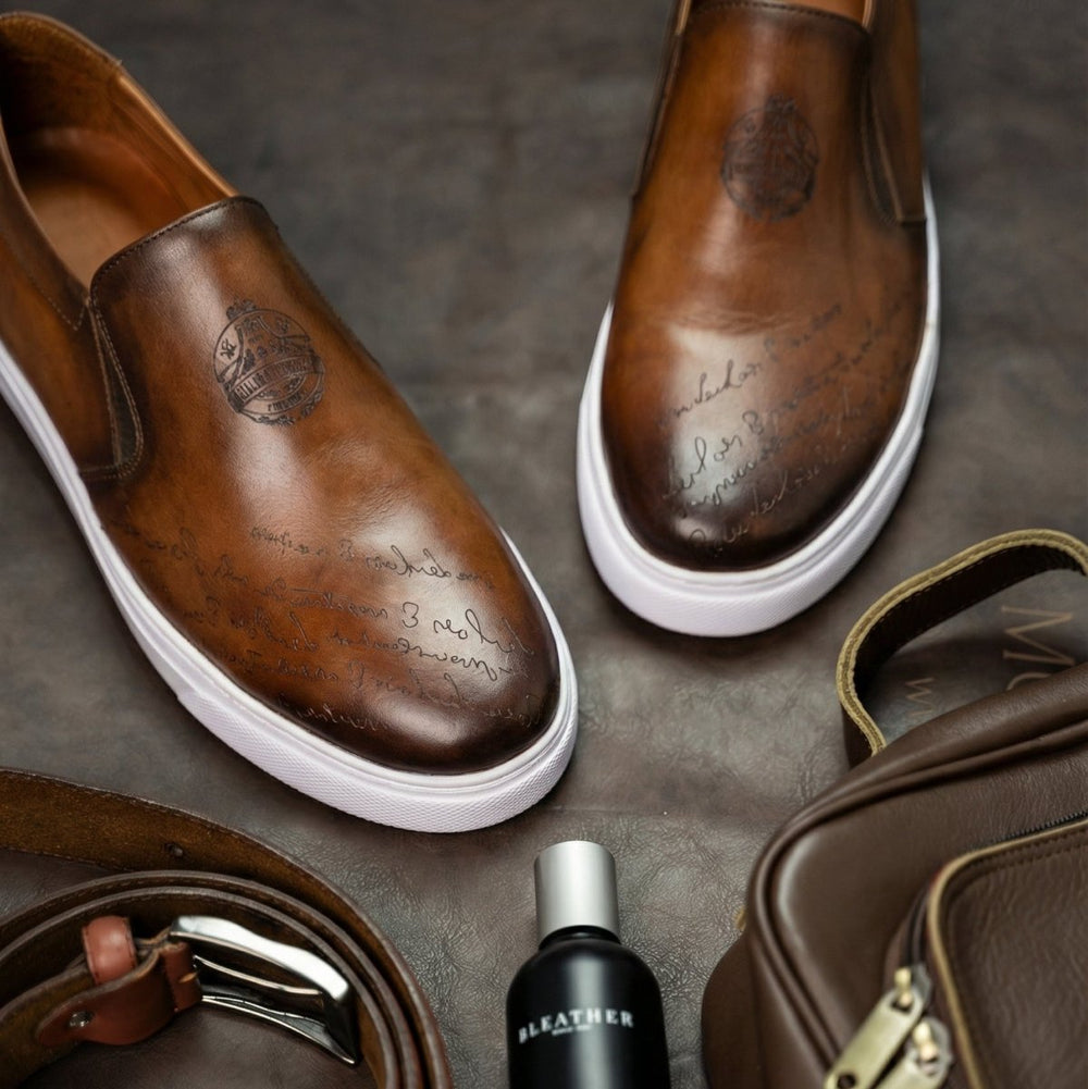 Lurgan: Sneakers Homme - Cuir Marron Gravé - Bleather Maroc