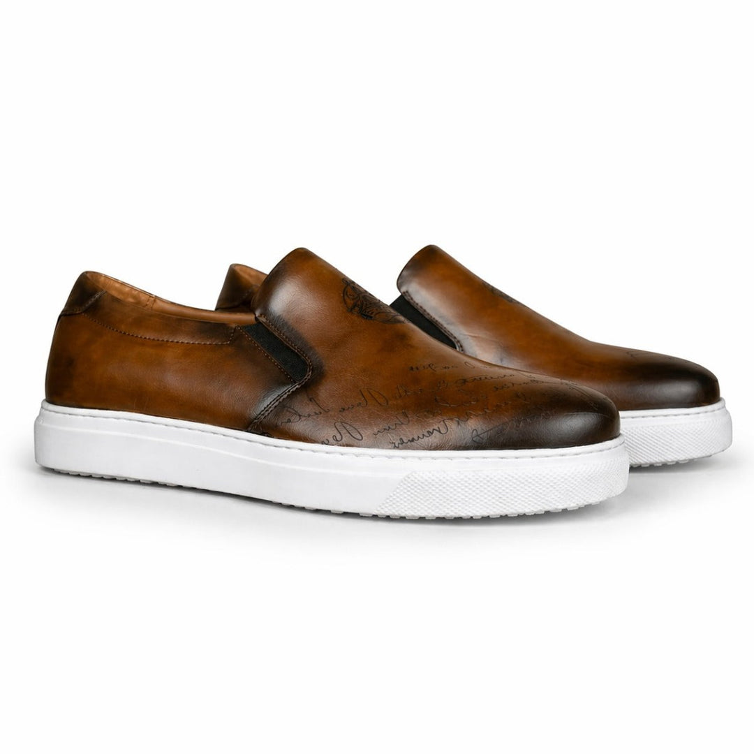 Lurgan : Sneakers Homme - Cuir Marron Gravé - Bleather Maroc