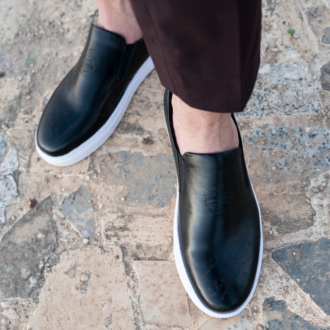 Lurgan: Sneakers Homme - Cuir Noir Gravé - Bleather Maroc