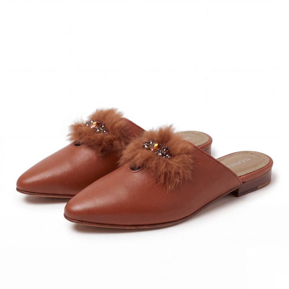 Malachite : Mules Femme - Cuir Caramel - Bleather Maroc