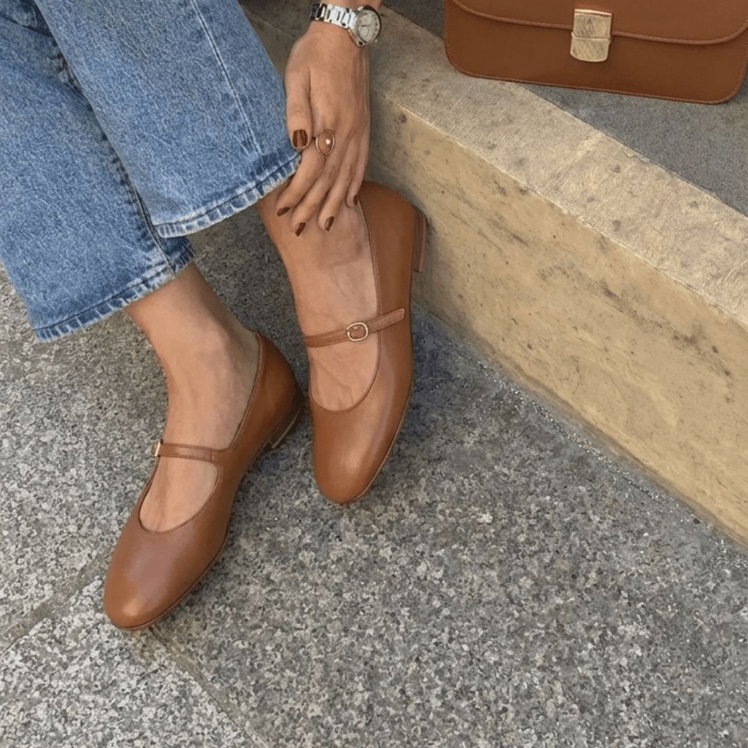 Marion : Ballerines Femme - Cuir Tabac - Bleather Maroc
