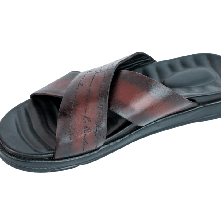 Opulent: Sandales Homme - Cuir Bordeaux Gravé - Bleather Maroc