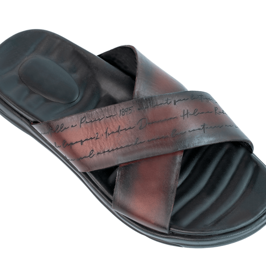Opulent: Sandales Homme - Cuir Bordeaux Gravé - Bleather Maroc