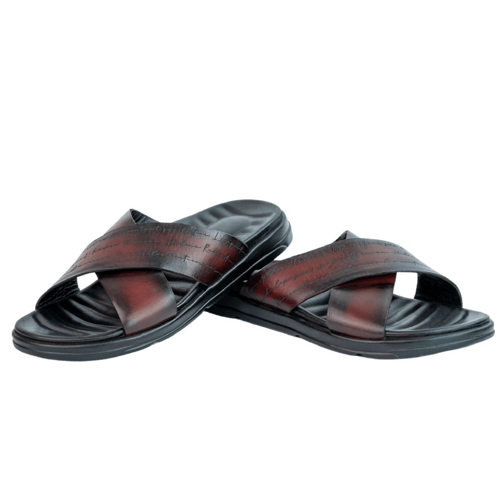 Opulent: Sandales Homme - Cuir Bordeaux Gravé - Bleather Maroc