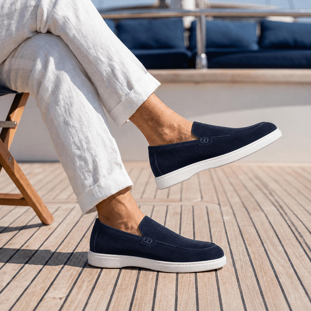 Preston: Mocassin Homme - Daim Bleu - Bleather Maroc