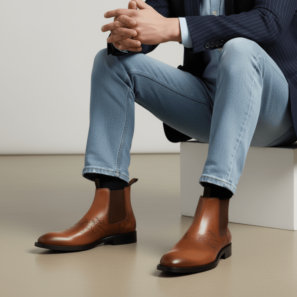 Westwood: Chelsea Boots Homme - Cuir Cognac Gravé - Bleather Maroc