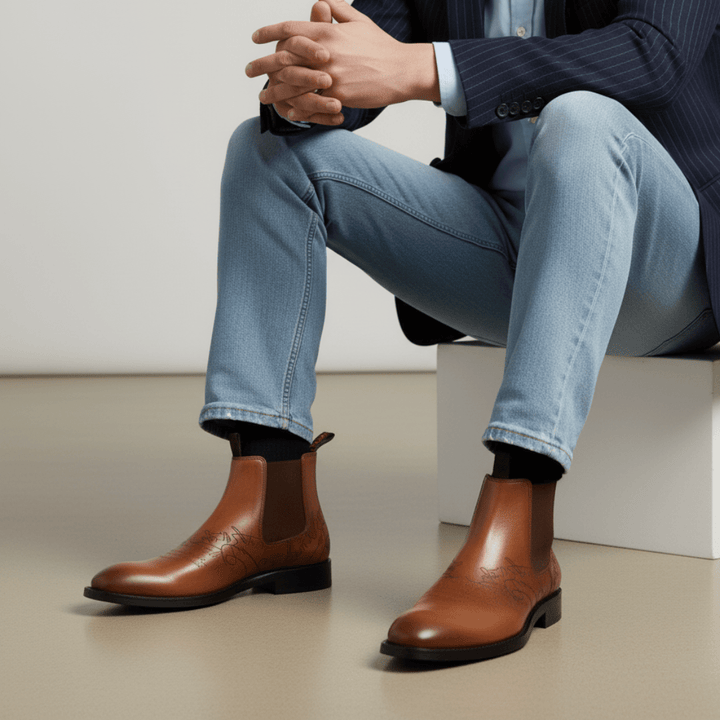 Westwood: Chelsea Boots Homme - Cuir Cognac Gravé - Bleather Maroc