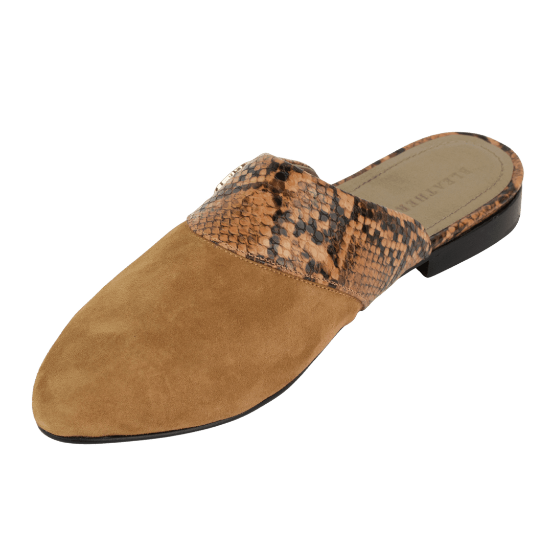 Yara : Mules Femme - Daim Camel & Cuir Python - Bleather Maroc