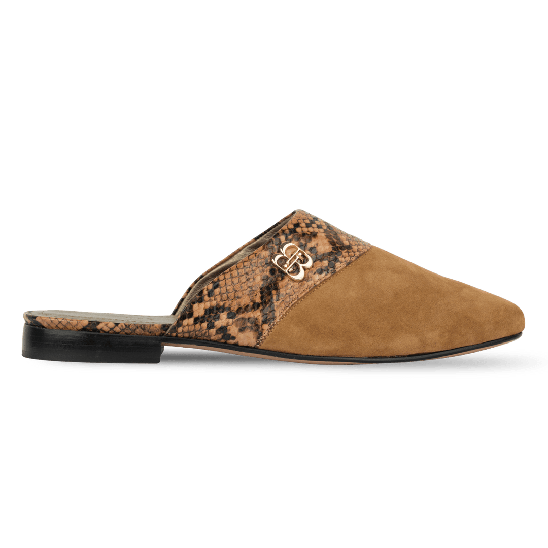 Yara : Mules Femme - Daim Camel & Cuir Python - Bleather Maroc