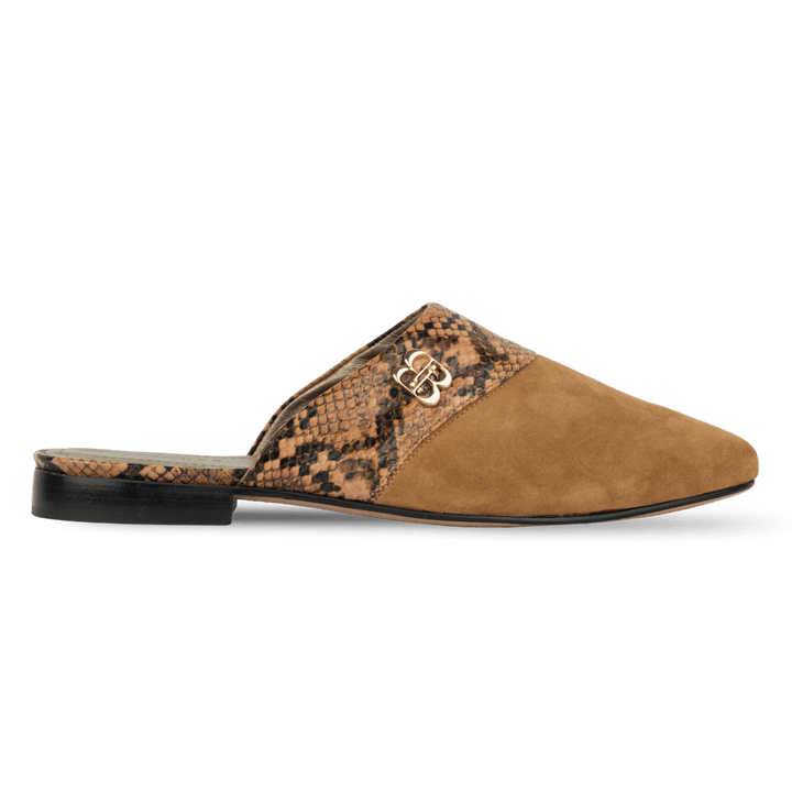 Yara : Mules Femme - Daim Camel & Cuir Python - Bleather Maroc